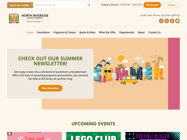 The homepage of a summer camp website affiliated with the North Riverside Public Library featuring various activities and programs.