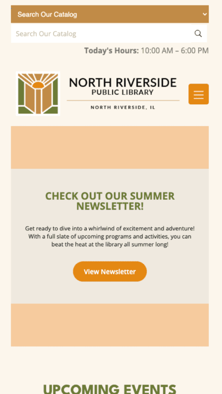 A screenshot of the North Riverside Public Library website with a vibrant color scheme.