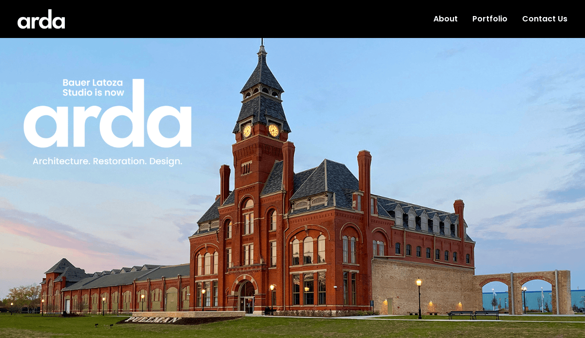 A historic red brick building with a tall clock tower at sunset, featuring arda and Architect web design. Restoration. Design. text overlays, plus top navigation links: About, Portfolio, Contact Us—perfect for any architect website guide.