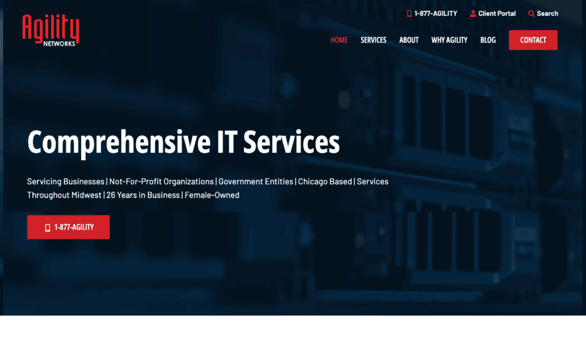 A website design for Agility Network Services featuring red and black colors.