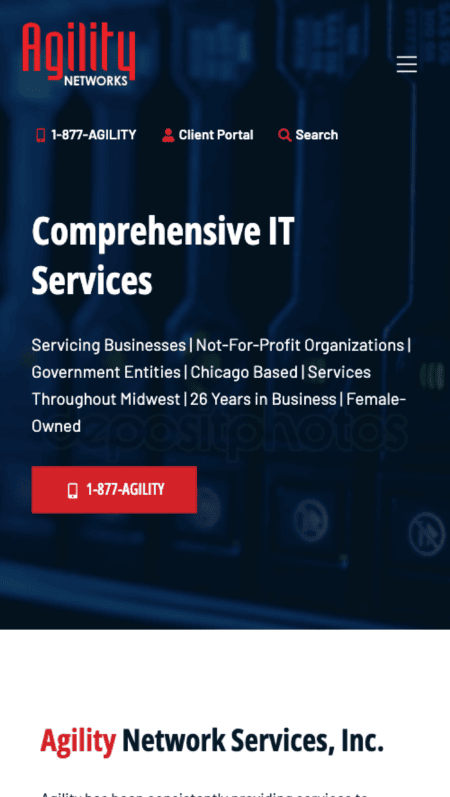The homepage of Agility Network Services with a red and black background.