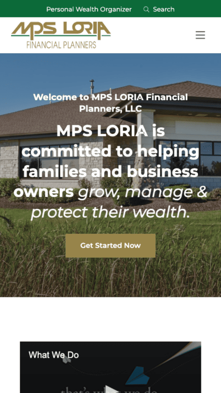 The homepage of MPS LORIA Financial Planners LLC website with a green background.