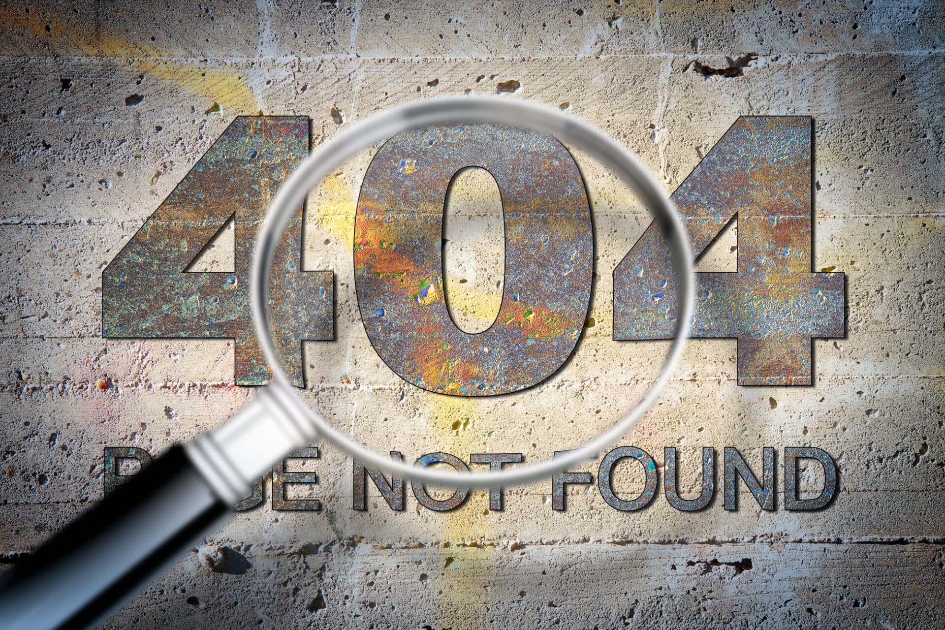 A magnifying glass with a broken site link (404 not found) displayed on it.
