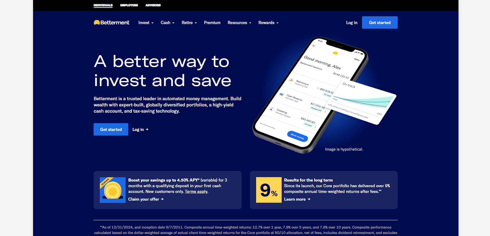 Screenshot of Betterment’s homepage showcasing a sleek website design: a phone with a financial app, floating debit card, and text promoting investing and saving with Betterment—highlighting financial services that build trust. Blue background with navigation and call-to-action buttons.