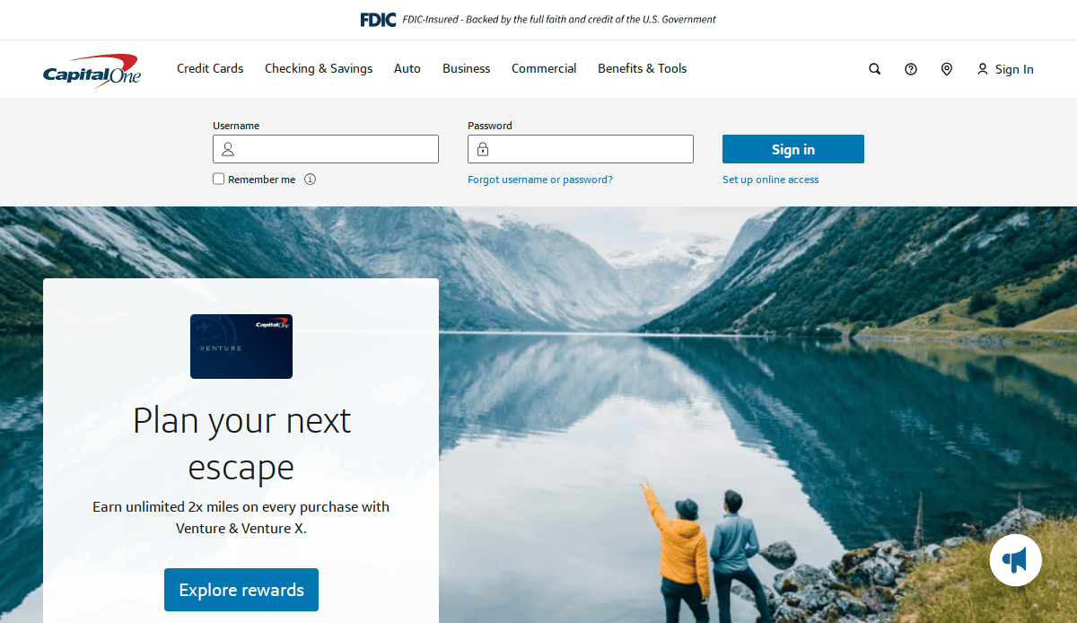 Screenshot of Capital One’s online banking login page featuring a calm lake and mountains, with a Venture X rewards banner. The website design highlights username and password fields at the top, reflecting Capital One’s commitment to building trust in financial services.