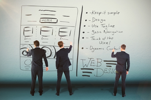 Three businessmen pointing at a whiteboard with a web design on it, providing an organization guide for the website.