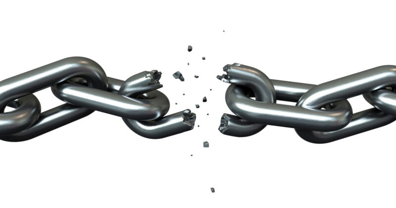 Broken chain links on a white background: The True Cost.
