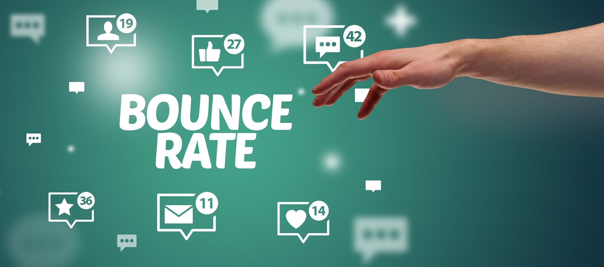 A hand reaching for the word bounce rate on a green background, demystifying its meaning.