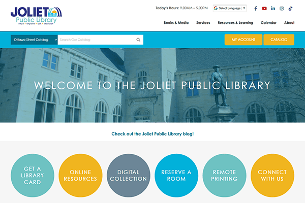 Joliet Public Library website homepage featuring a search bar, navigation menu, and colorful circular buttons for Joliet Public Library services like account access, catalog, and digital collection.