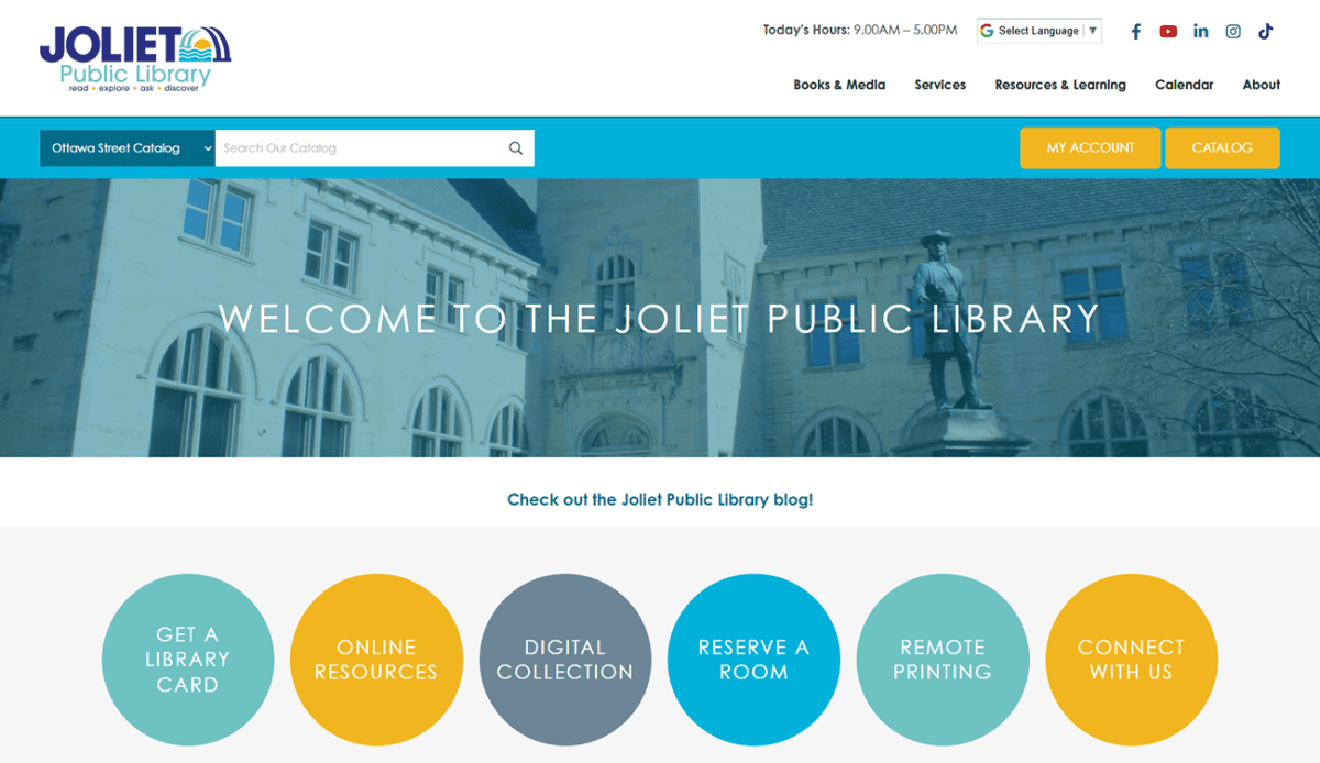 Screenshot of Joliet Public Library’s homepage showing event listings, highlights, library resources, new arrivals, navigation menus, contact details, and colorful category icons for adults, youth, digital media, and research tools—showcasing the welcoming and informative design of the Joliet Public Library website.