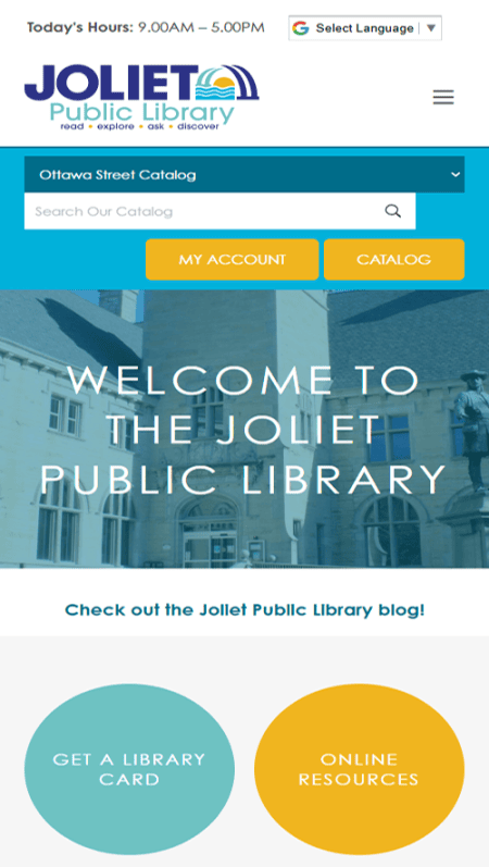 A college website homepage inspired by the vibrant spirit of the Joliet Public Library, featuring navigation menus, quick links, news updates, upcoming events, a spotlighted Student of the Week, and important announcements—all in dynamic blue and yellow tones.