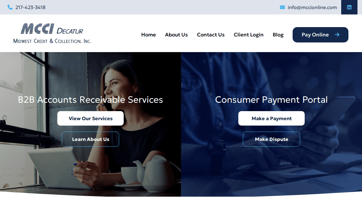 A split-screen website homepage for Midwest Credit & Collection, Inc. The left side features a woman smiling at a desk with B2B Accounts Receivable Services to drive leads. The right side, in blue tones, highlights financial services and a Consumer Payment Portal.
