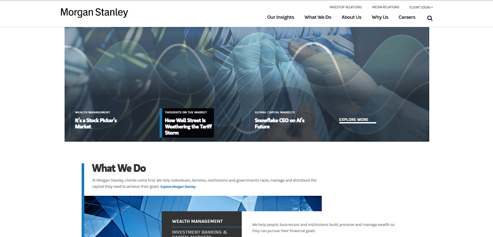 Screenshot of Morgan Stanley’s website homepage featuring a navigation menu, three highlighted articles with images, and a section titled What We Do that outlines their financial services in wealth management and investment banking to help build trust.