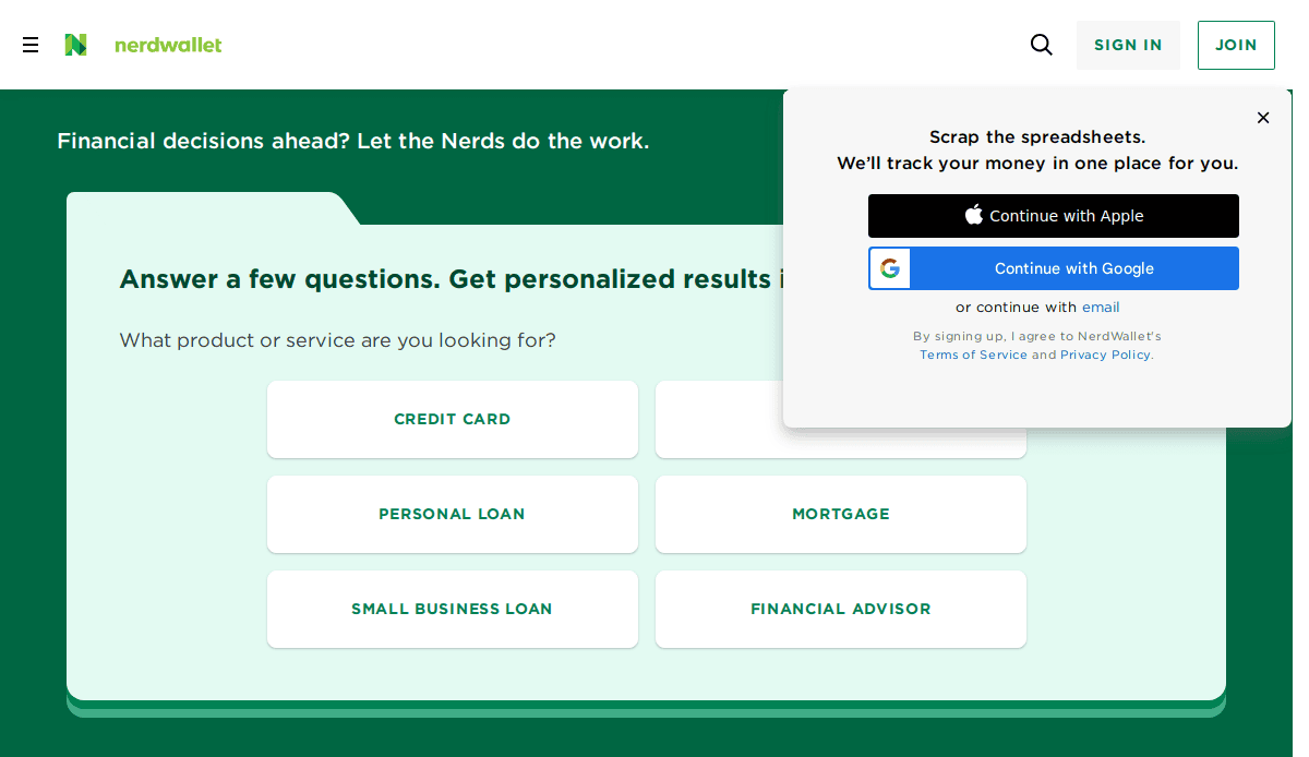 NerdWallet’s website design showcases options for financial services like credit cards, personal loans, mortgages, and more. A pop-up sign-in via Apple or Google helps build trust and streamline access for users.
