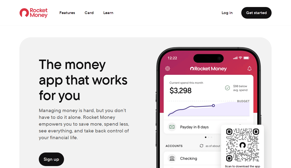A screenshot of the Rocket Money website, featuring a phone displaying the Rocket Money finance app and text about managing money, highlights strong website design to build trust in their financial services. The top menu includes Features, Card, Learn, Log in, and Get started.