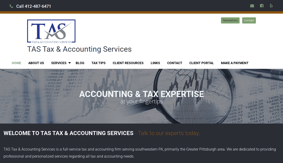 Screenshot of the TAS Tax & Accounting Services website homepage, highlighting their logo, contact number, navigation menu, “ACCOUNTING & TAX EXPERTISE” headline, and an introduction to their financial services designed to drive leads.