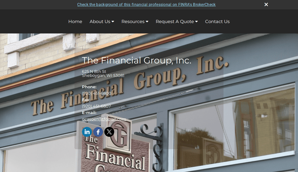 Storefront window and signage for The Financial Group, Inc. highlight their financial services, with contact info—including address, phone, fax, email—and social media icons for LinkedIn and Facebook overlaid to build trust with clients.