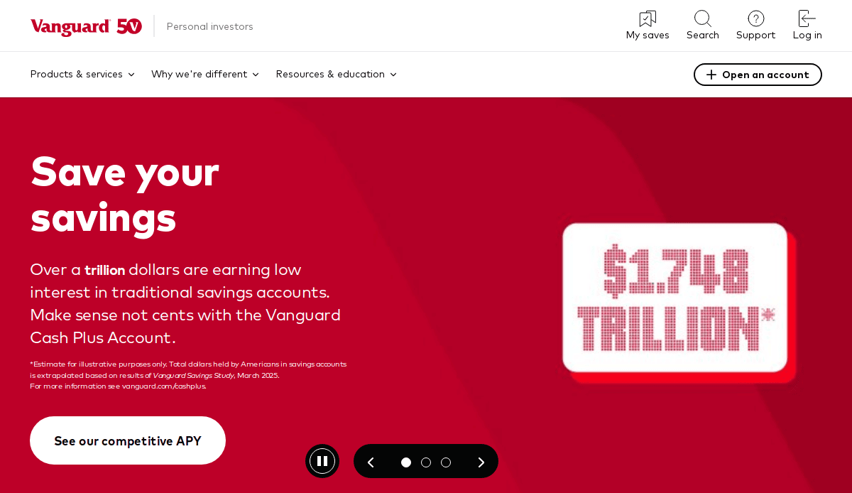 Screenshot of Vanguard’s website features a red Save your savings banner and a digital display reading $1.748 TRILLION*.” The clean website design highlights American savings in low-interest accounts, building trust through clear financial services info and CTAs.