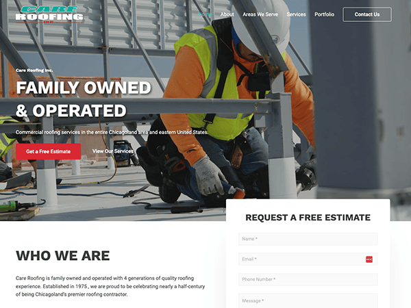 A website for Care Roofing Inc.