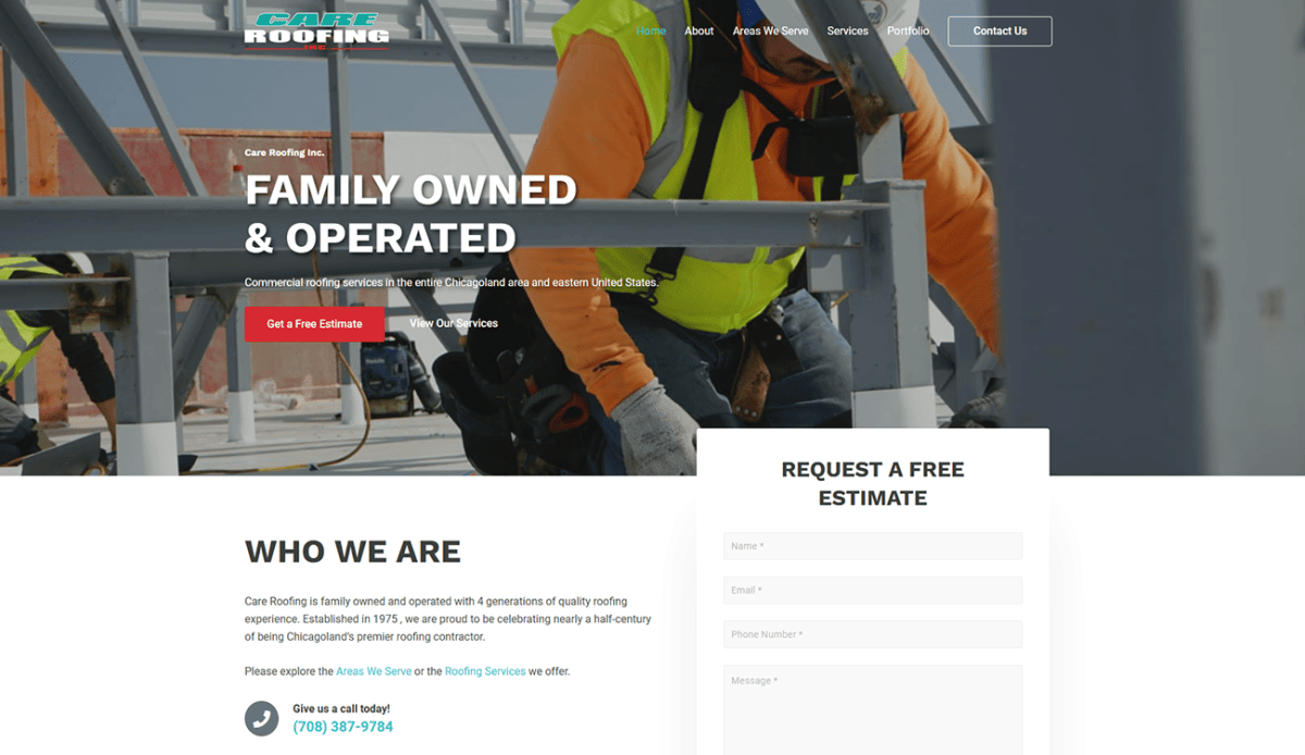 Website for Care Roofing, a family-owned roofing company offering services like tear-off, mold mitigation, and snow removal. The site highlights their complete roofing services with sections for free estimates, company info, customer testimonials, and contact details.