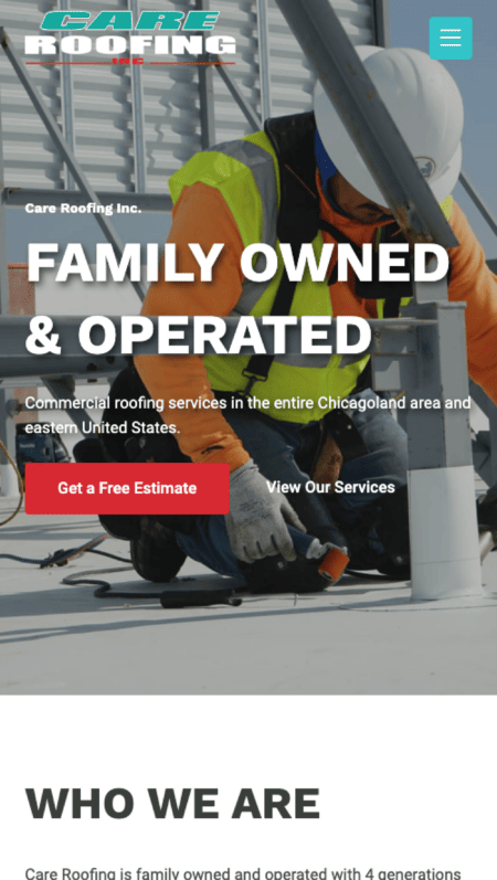 The homepage of Care Roofing Inc. with many different images.