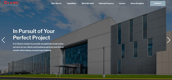 Modern commercial building exterior with Clune Construction logo, intuitive navigation menu, and mission statement—an example of outstanding Construction Website Design for the best construction websites.