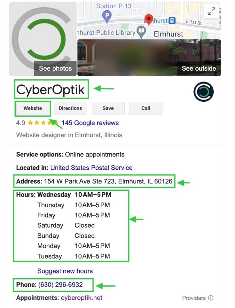 A step-by-step guide on using Google My Business to search for cyberoptik.