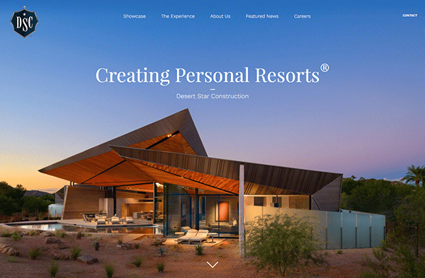 Modern luxury home with sharp, angular rooflines at sunset, surrounded by desert landscaping—showcasing Desert Star Construction's "Creating Personal Resorts" slogan and inspiring ideas for the best construction websites.