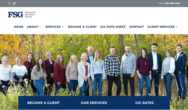 A group of thirteen people stands outside in front of trees, epitomizing professionalism. The website header reads "FSG Financial Services Group," showcasing one of the best finance websites for all your fiscal needs.