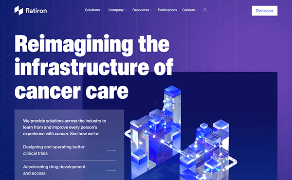 Flatiron’s homepage exemplifies top-tier medical website design, featuring the headline "Reimagining the infrastructure of cancer care" alongside a digital illustration of abstract, glowing skyscraper-like structures.
