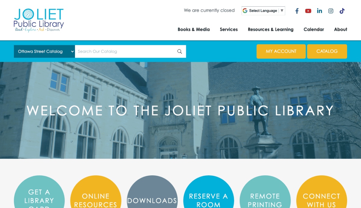 A blue and white website design for a library.