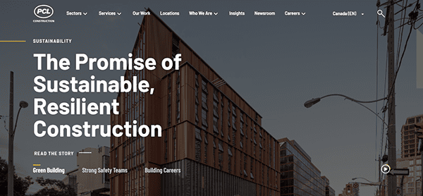 A modern multi-story building with a glass and wood exterior is shown at sunset; overlaid text reads, "The Promise of Sustainable, Resilient Construction," reflecting trends seen on the best construction websites.