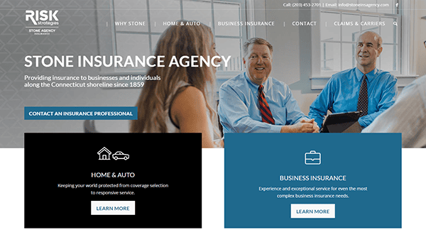 Stone Insurance Agency's homepage features professionals deep in discussion, offering tailored options for Home & Auto or Business Insurance. Discover why we're recognized among the best insurance websites for comprehensive and reliable coverage solutions.