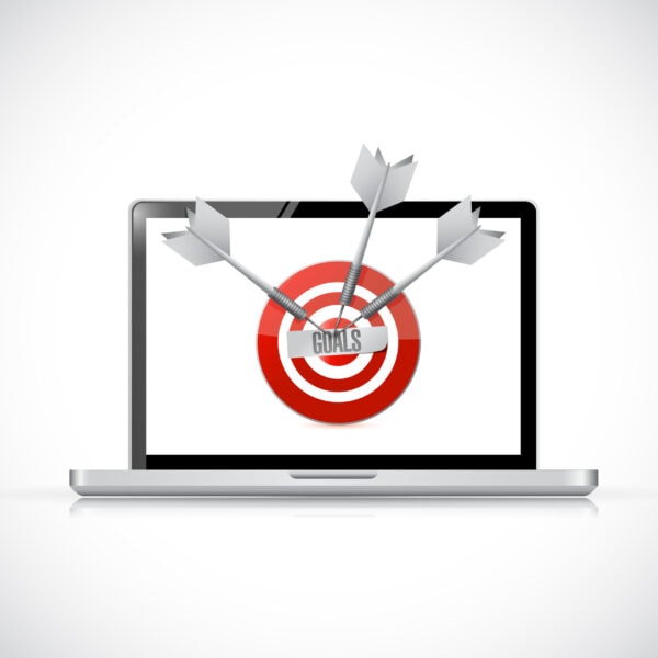 A laptop screen displaying a target and arrows as an organizational guide.