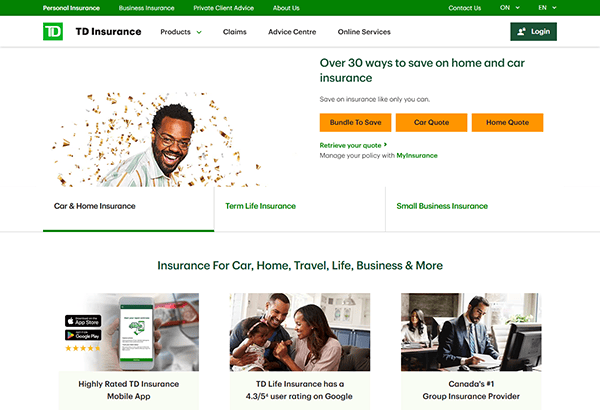 TD Insurance's website showcases a man smiling, highlighting savings options for home and car insurance. Explore customer testimonials and options like "Bundle to Save," "Car Quote," and "Home Quote" for a seamless insurance experience.