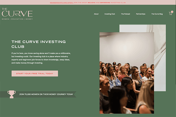 Women seated in a seminar for The Curve Investing Club, renowned as one of the best finance websites, with enticing promotional text about joining and a free trial offer.