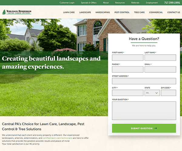 Discover the best in landscaping websites with our sleek design featuring a contact form overlay. Highlighting services like lawn care and pest control, our site showcases everything you need for a flourishing outdoor space.