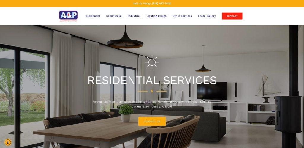 A modern living room with a large window, stylish furniture, and a TV highlights electrician website design. Text overlay reads Residential Services with a Contact Us button. The navigation menu and company logo appear at the top of the webpage.