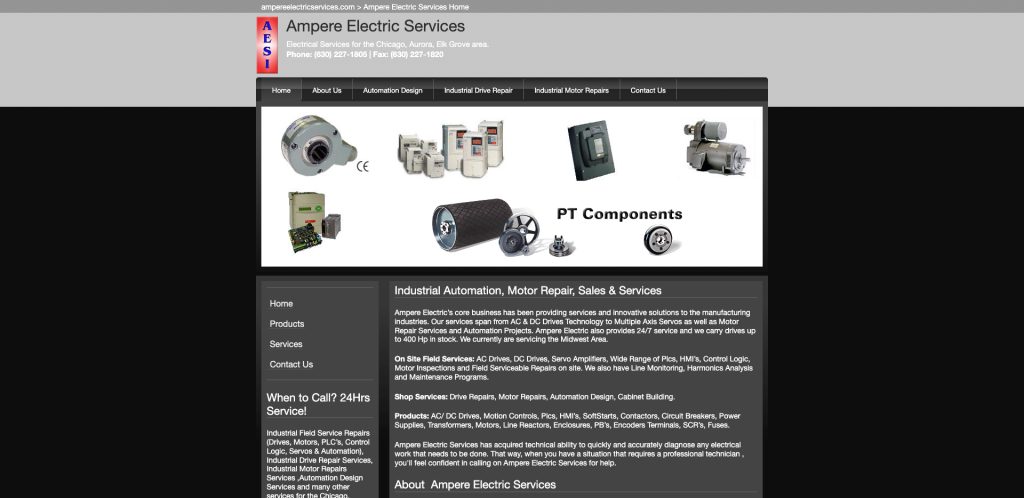 Screenshot of Ampere Electric Services website featuring a gray header, navigation menu, images of electric components, and text about automation, motor repair, sales, and services—showcasing top electrician website design for industrial clients.