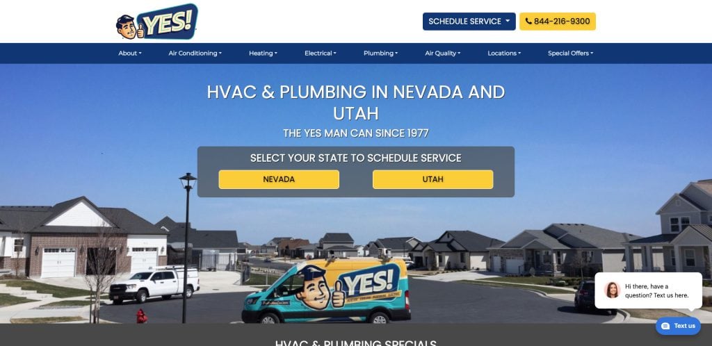 Homepage of an HVAC, plumbing, and electrician website design company with a YES! branded van on a suburban street; main menu and service buttons for Nevada and Utah, plus contact info and a chat box are visible.