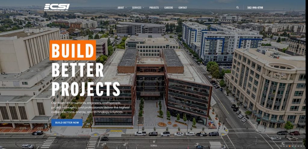 Aerial view of a modern urban area with office buildings and streets. Large text reads Build Better Projects with a button labeled Build Better Now on the left, showcasing inspiration for electrician website design. ECSI logo is on the top left.