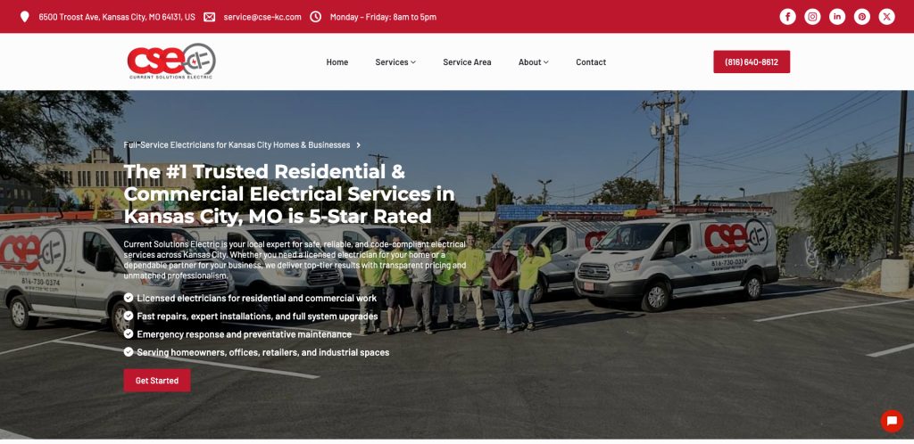 A group of electricians in yellow vests stand before service vans outside a building. The website, featuring top electrician web design, highlights residential and commercial electrical services in Kansas City, MO, with contact info and a red navigation bar above.