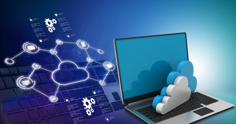 A laptop showcasing cloud computing icons.