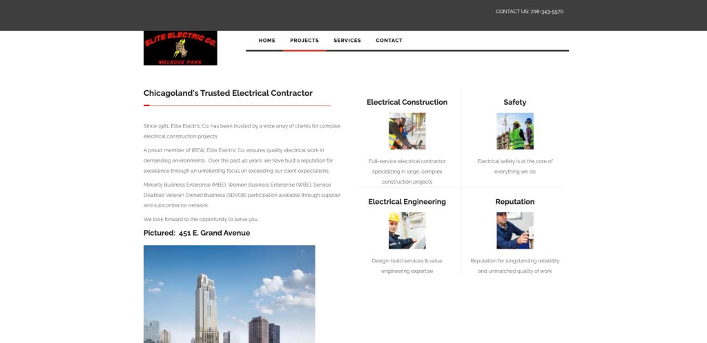 Screenshot of a contractor website featuring bold electrician web design, with a black and red logo, navigation menu, project info, contact details, and sections for electrical construction, safety, engineering, reputation—all above a city skyline photo.