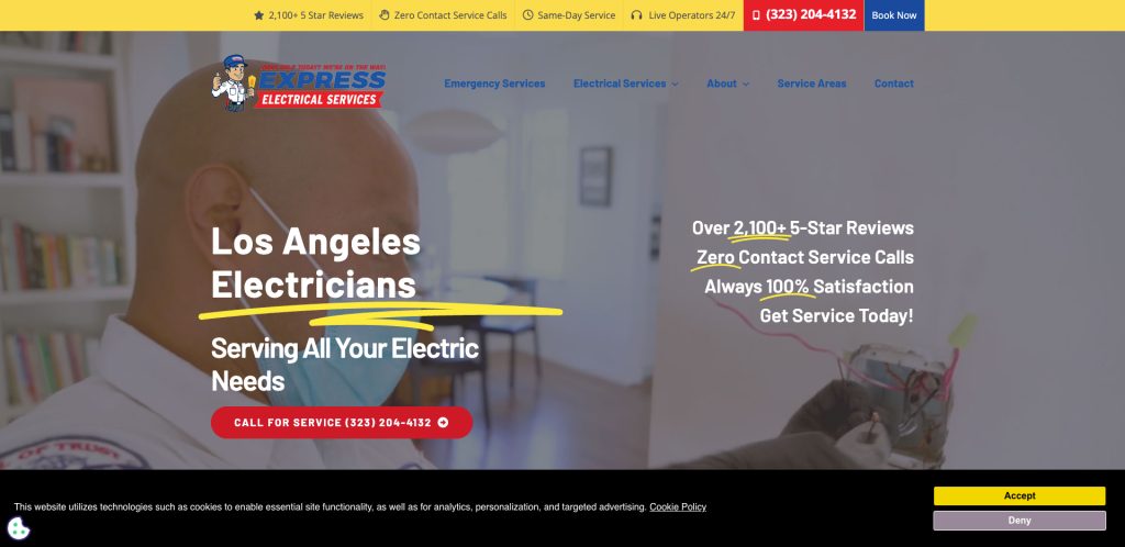 Screenshot of Express Electrical Services website showcasing modern electrician website design—a technician, Los Angeles Electricians headline, red call button, phone number, star reviews, and a blue and yellow banner with service highlights—ideal for best electrician websites inspiration.