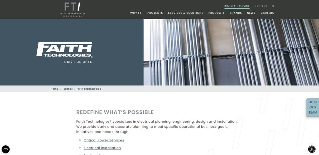 Screenshot of Faith Technologies Incorporated’s electrician website design, featuring the Faith Technologies logo, navigation menu, and text on electrical planning and installation services, with links to Critical Power Services and Electrical Installation.