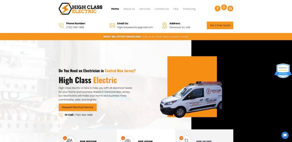 Screenshot of High Class Electric’s website homepage showcasing top-notch electrician website design with contact info, services menu, an orange and black color theme, a service van with the logo, and a button to request electrical services.