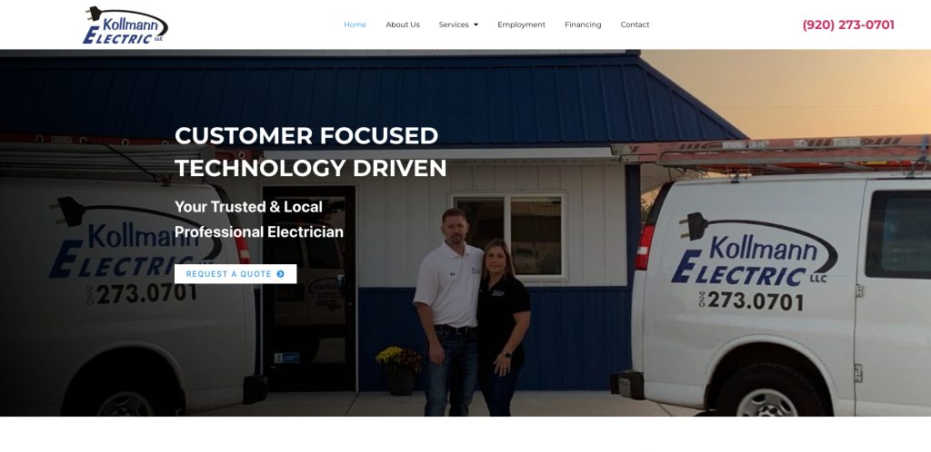 Two people stand in front of a blue building between two white Kollmann Electric vans. Text on the image highlights top electrician website design, promoting the company as a trusted local electrician with a phone number in the top right corner.