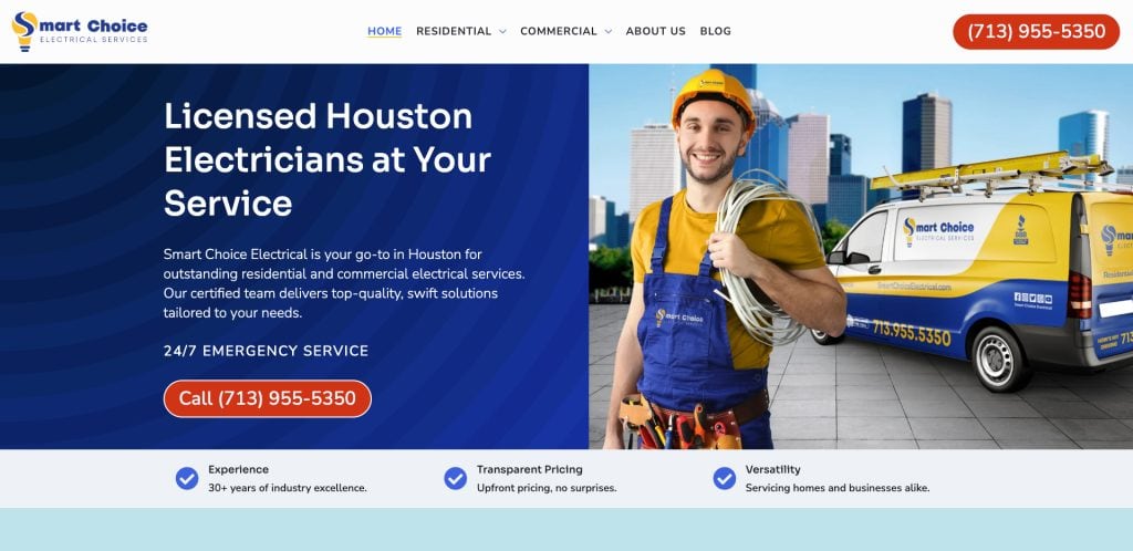 A smiling electrician wearing a yellow hard hat and tool belt stands in front of a Smart Choice Electrical Services van, with a cityscape in the background—an inspiring scene for electrician web design enthusiasts, with service information displayed on the left.