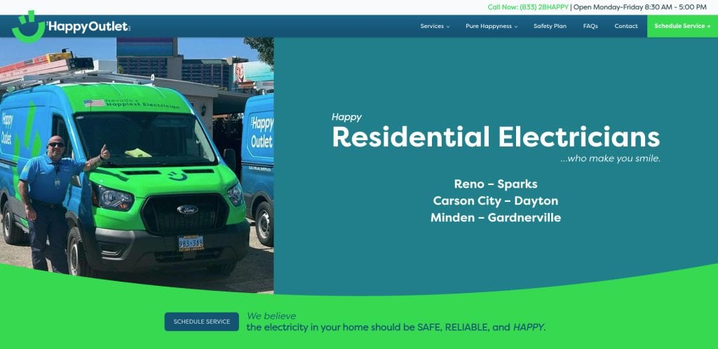 A person in a Happy Outlet shirt stands beside a bright green Happy Outlet van. The text highlights Happy Residential Electricians and service areas, making it a great example for the best electrician websites or standout electrician web design.